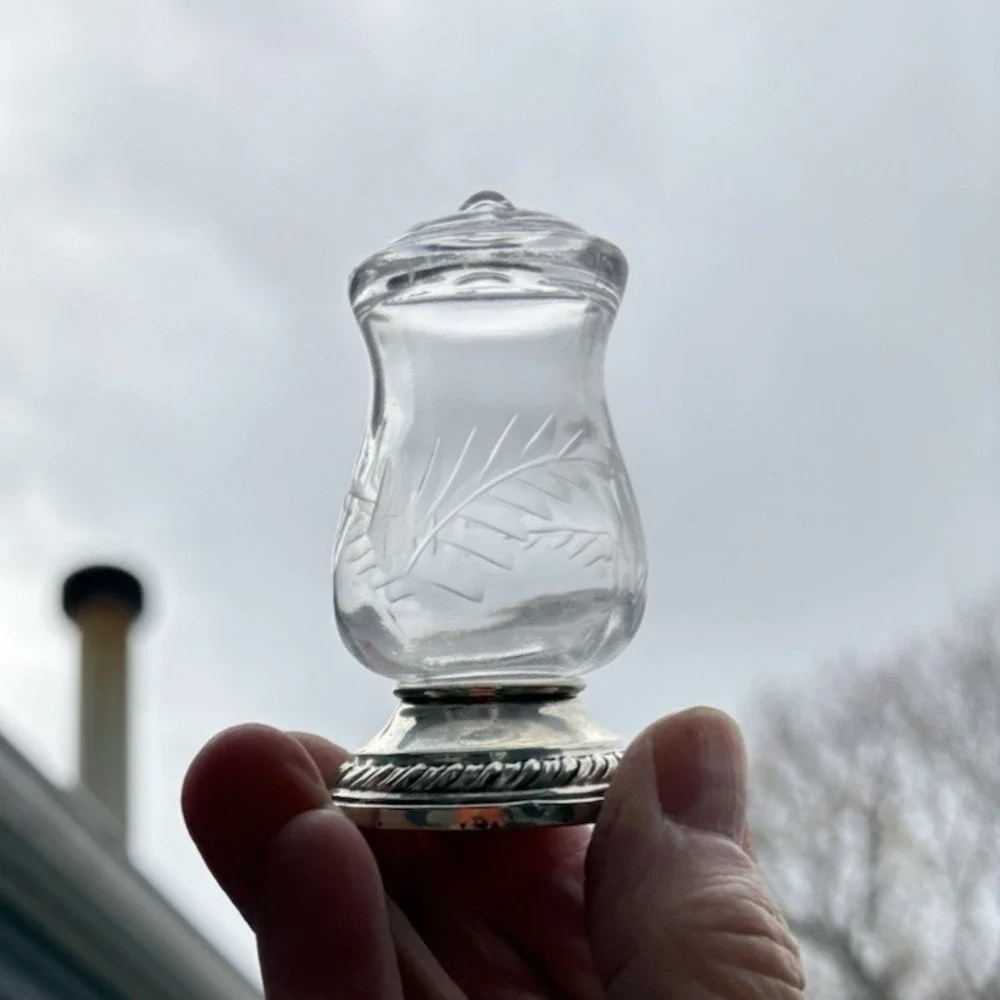 Vintage salt shakers Quaker Silver Co weighted sterling hurricane etched glass